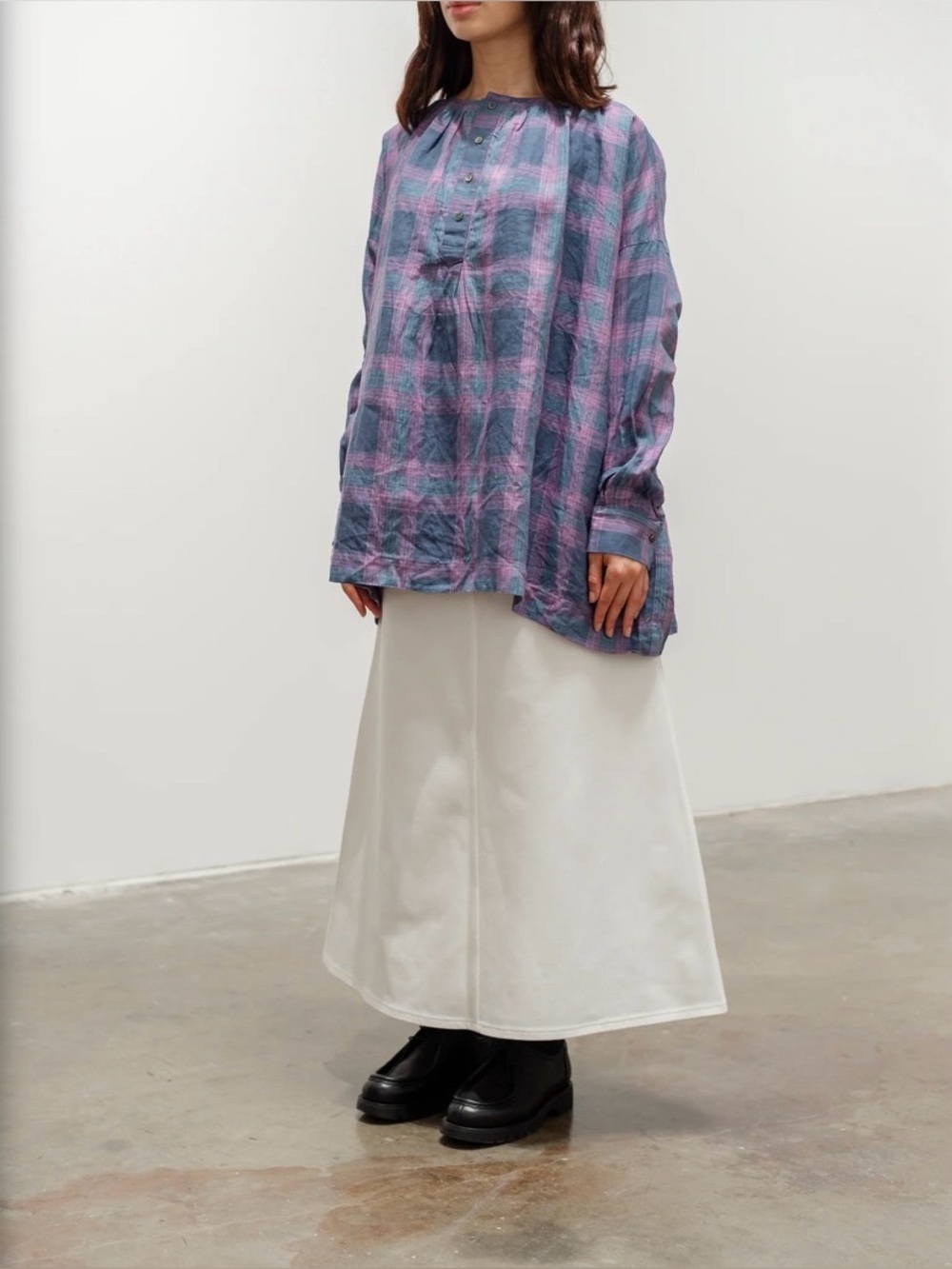 Ichi Antiquites Japan Women’s Linen Check Blouse Navy Pink Oversized Popover OS